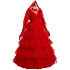 Fansholiday Movie Beetlejuice Lydia Deetz Cosplay Costume Red Wedding Dress Outfits Halloween Carnival Suit New Arrivals