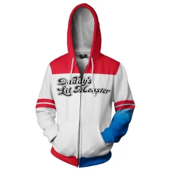New Cosplaysky Suicide Squad Harley Quinn White Red Pattern Hoodie Girls Zip Up Sweatshirt New Arrivals