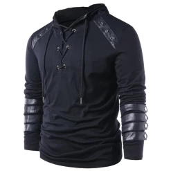 New Cosplaysky New Arrivals Men Gothic Steampunk Hoodie With Leather Straps Long Sleeve Lace Up Hooded Pullover Sweatshirt