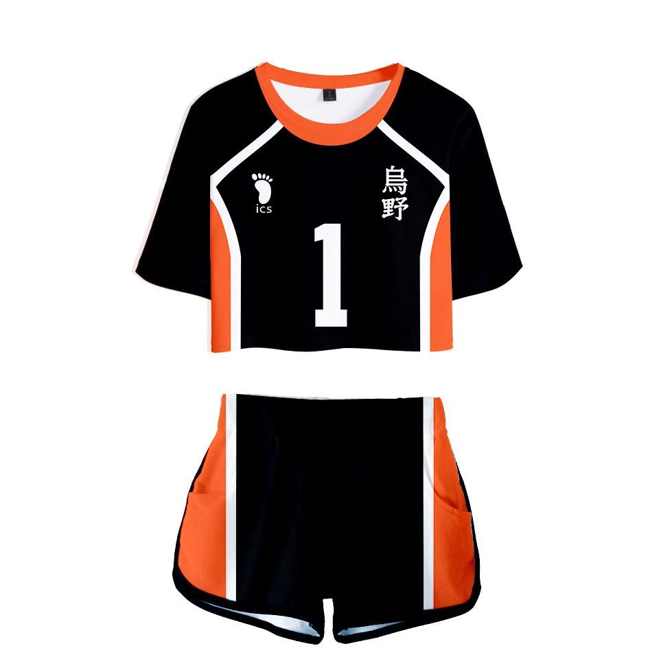 Fandombuy Women Haikyuu!! Karasuno High School Volleyball Club Cosplay Crop Top & Shorts Set Summer 2 Pieces Casual Clothes 4 Fandombuy Women Haikyuu!! Karasuno High School Volleyball Club Cosplay Crop Top & Shorts Set Summer 2 Pieces Casual Clothes