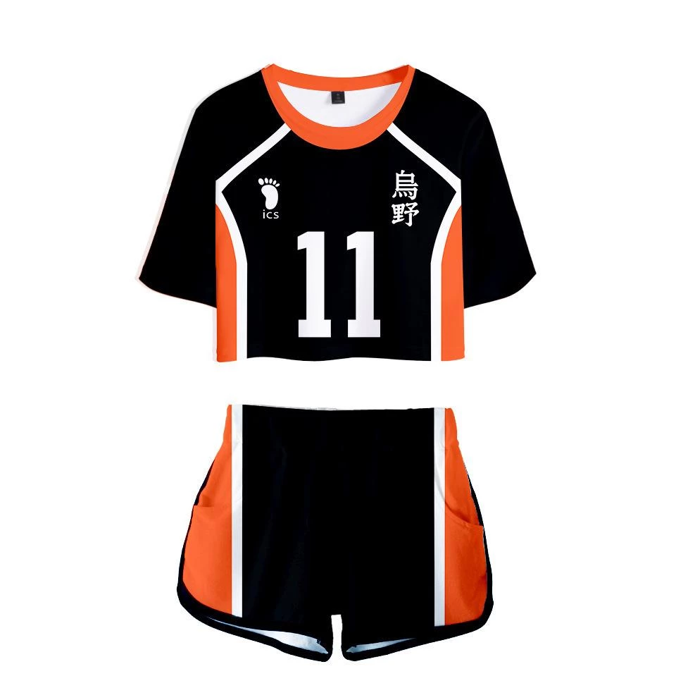 Fandombuy Women Haikyuu!! Karasuno High School Volleyball Club Cosplay Crop Top & Shorts Set Summer 2 Pieces Casual Clothes 11 Fandombuy Women Haikyuu!! Karasuno High School Volleyball Club Cosplay Crop Top & Shorts Set Summer 2 Pieces Casual Clothes