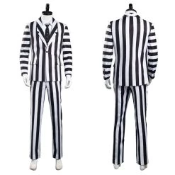 NewCosplay Beetlejuice Adam Men Black And White Striped Suit Jacket Shirt Pants Outfits Halloween Carnival Costume Cosplay Costume New Arrivals
