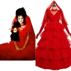 Fansholiday Movie Beetlejuice Lydia Deetz Cosplay Costume Red Wedding Dress Outfits Halloween Carnival Suit New Arrivals
