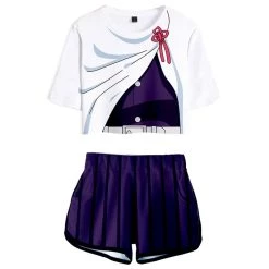 INSWEAR Women Demon Slayer: Kimetsu No Yaiba Crop Top Sets Tsuyuri Kanawo Cosplay Short Sleeve T-shirt Shorts 2 Pieces Sets Casual Clothes
