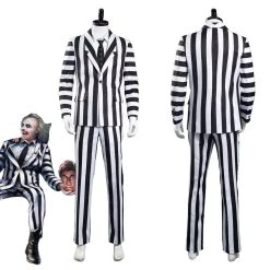 NewCosplay Beetlejuice Adam Men Black And White Striped Suit Jacket Shirt Pants Outfits Halloween Carnival Costume Cosplay Costume New Arrivals