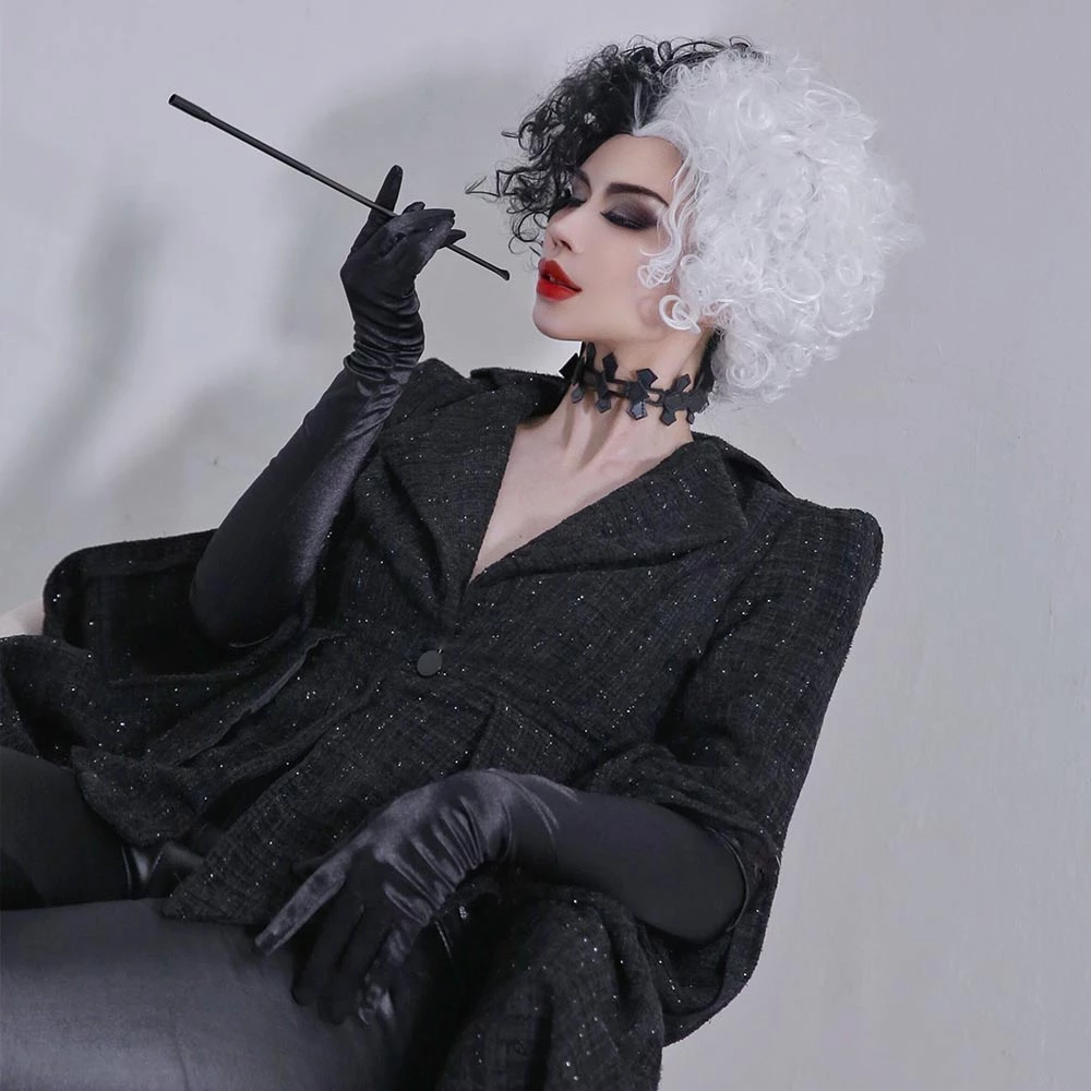 NewCosplay Cruella Black Coat Outfits Halloween Carnival Suit Cosplay Costume 16 NewCosplay Cruella Black Coat Outfits Halloween Carnival Suit Cosplay Costume