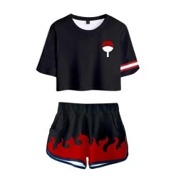 Fandombuy New Arrivals Women Naruto Crop Top Sets Uchiha Cosplay Short Sleeve T-shirt Shorts 2 Pieces Sets Casual Clothes