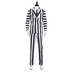 NewCosplay Beetlejuice Adam Men Black And White Striped Suit Jacket Shirt Pants Outfits Halloween Carnival Costume Cosplay Costume New Arrivals